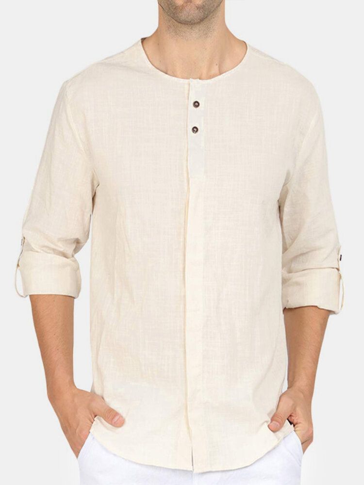 Camisas Henley De Manga Larga De Lino De Algodón De Color Sólido Para Hombre Con Pestañas En Las Mangas