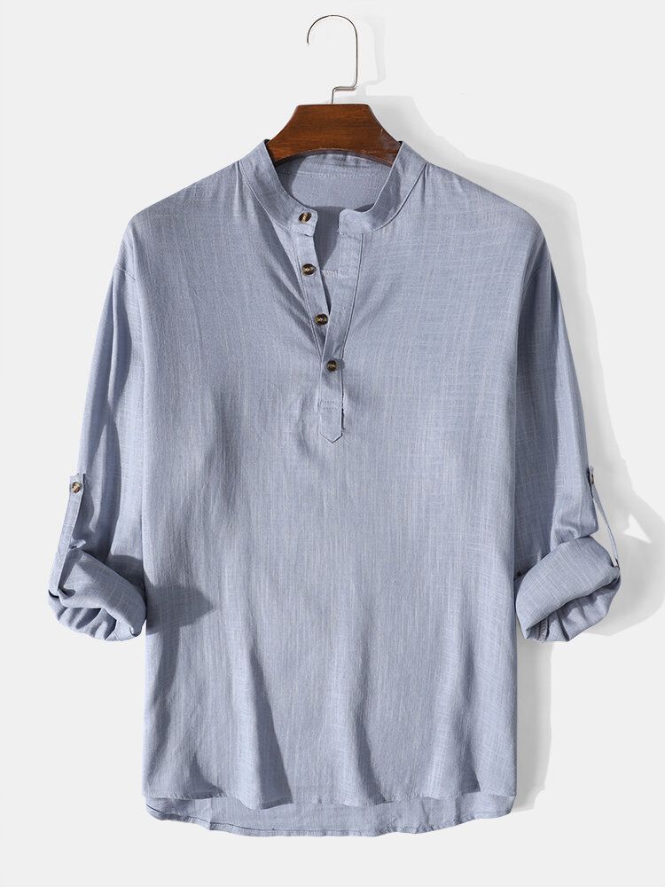 Camisas Henley De Manga Larga De Lino Con Cuello Alto Sólido Para Hombre Con Pestañas En Las Mangas