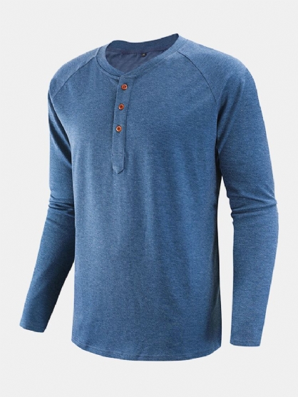 Camisas Henley De Manga Raglán Casual De Algodón De Medio Botón De Color Sólido Para Hombre