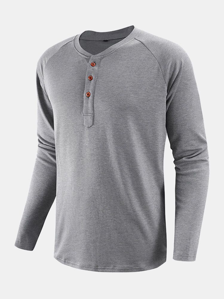 Camisas Henley De Manga Raglán Casual De Algodón De Medio Botón De Color Sólido Para Hombre