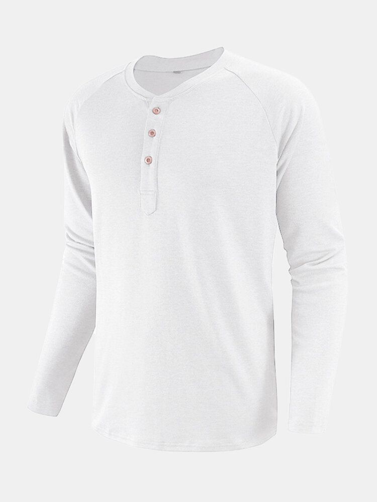 Camisas Henley De Manga Raglán Casual De Algodón De Medio Botón De Color Sólido Para Hombre