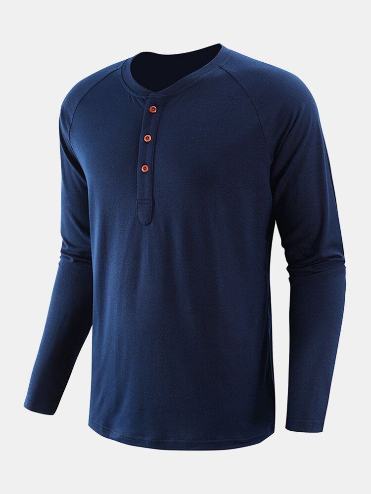 Camisas Henley De Manga Raglán Casual De Algodón De Medio Botón De Color Sólido Para Hombre