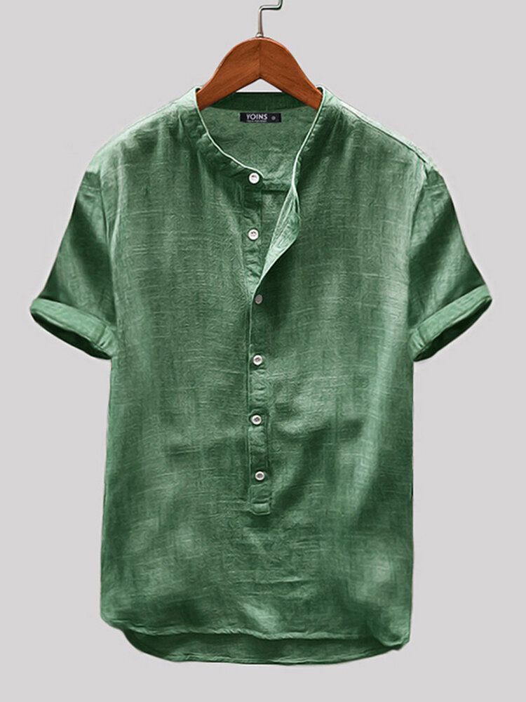 Camisas Henley De Ocio De Color Sólido De Manga Corta De Lino De Algodón Para Hombres