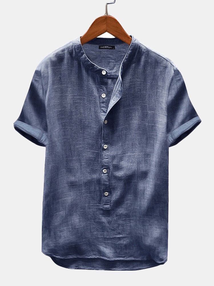 Camisas Henley De Ocio De Color Sólido De Manga Corta De Lino De Algodón Para Hombres