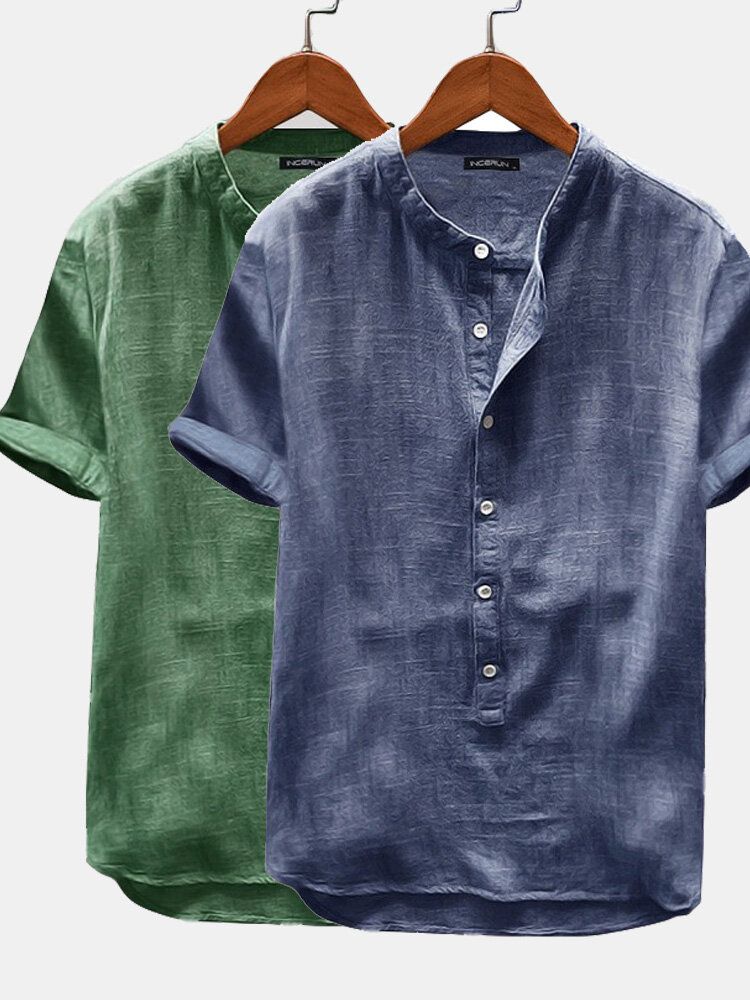 Camisas Henley De Ocio De Color Sólido De Manga Corta De Lino De Algodón Para Hombres