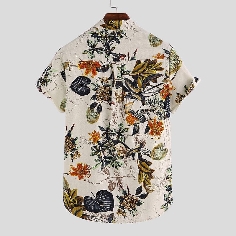 Camisas Henley Orientales De Manga Corta Estampadas Con Hojas Tropicales De Algodón Para Hombre