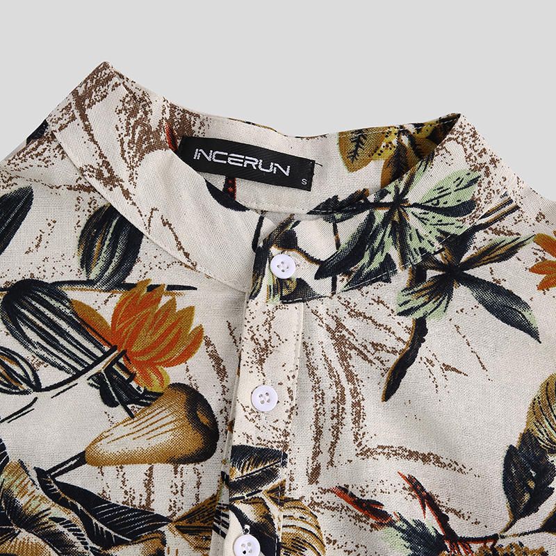 Camisas Henley Orientales De Manga Corta Estampadas Con Hojas Tropicales De Algodón Para Hombre