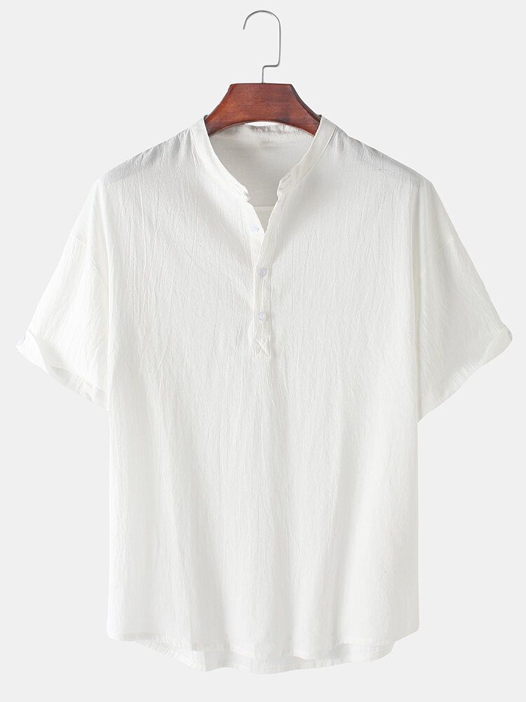 Camisas Henley Simples De Manga Corta Con Cuello Alto De Color Sólido Para Hombre