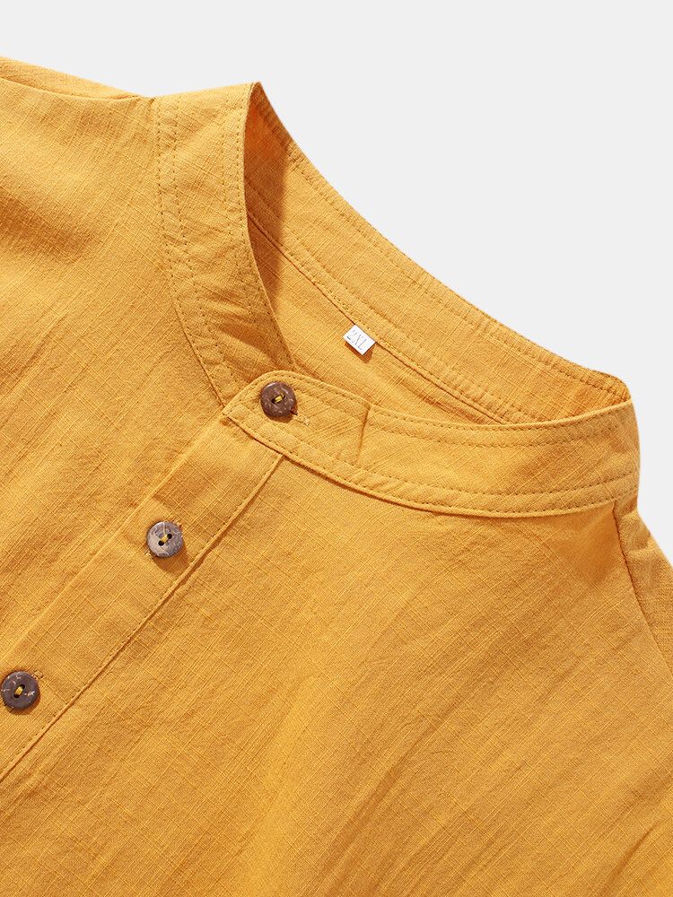 Camisas Henley Simples De Manga Larga De Algodón Y Lino Para Hombre