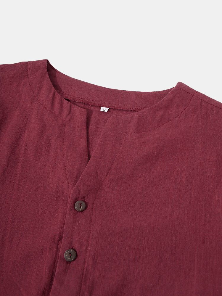 Camisas Henley Simples De Manga Larga De Color Sólido De Algodón Y Lino Para Hombre