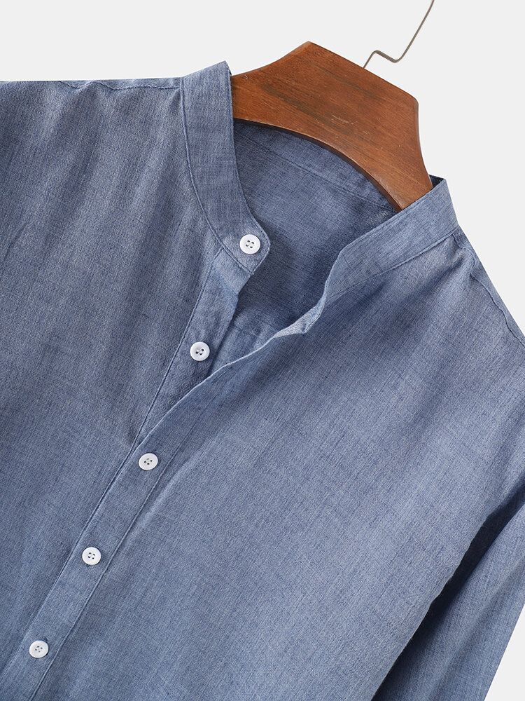 Camisas Henley Simples De Manga Larga Con Cuello Medio Abierto De Algodón De Color Sólido Para Hombre