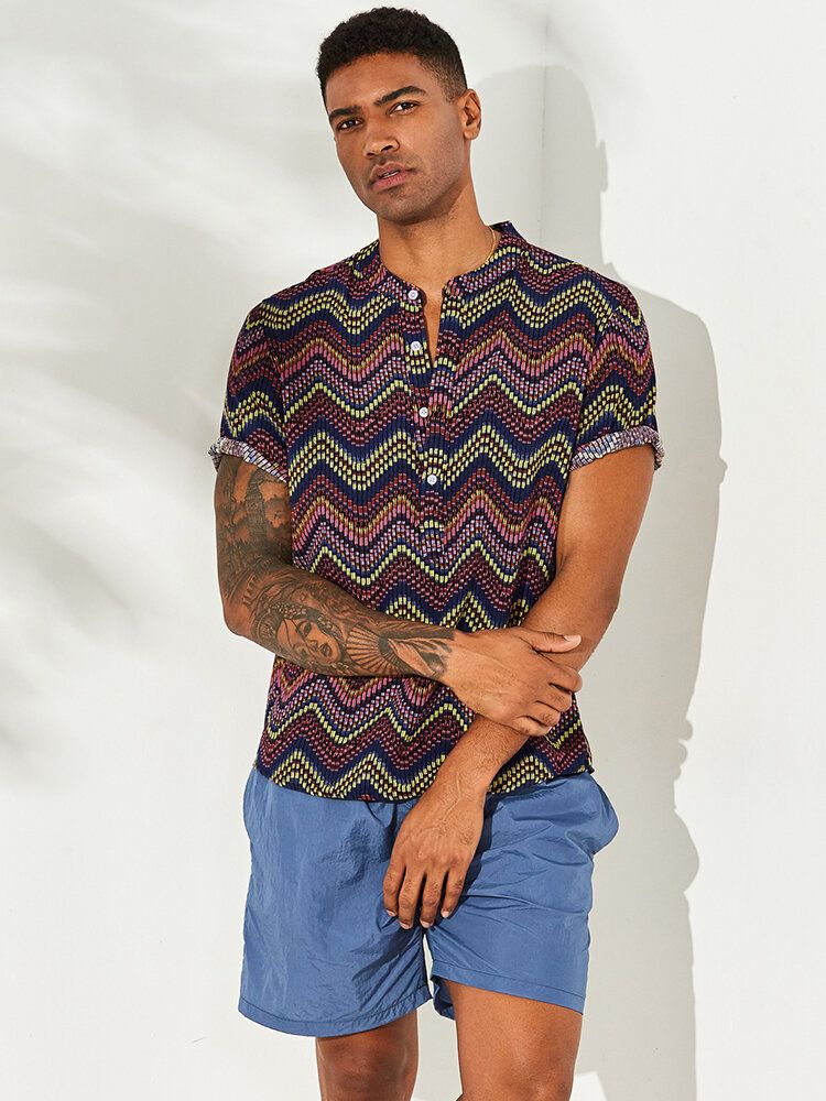 Camisas Henley Sueltas De Manga Corta Con Cuello Alto Y Estampado De Rayas De Chevron Para Hombre