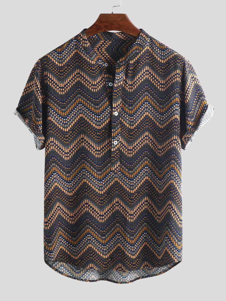 Camisas Henley Sueltas De Manga Corta Con Cuello Alto Y Estampado De Rayas De Chevron Para Hombre