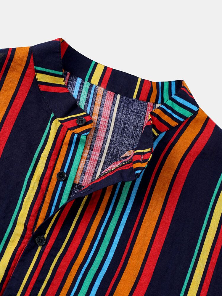 Camisas De Manga Corta Con Cuello Henley A Rayas De Colores Para Hombre