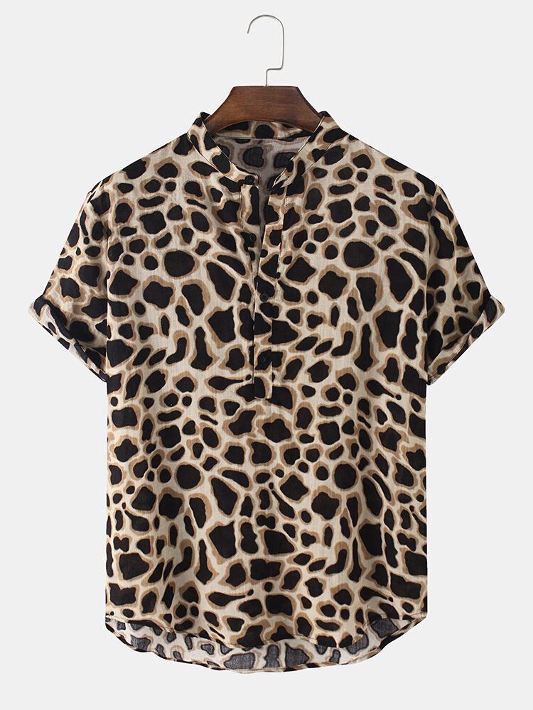 Camisas De Manga Corta Con Cuello Henley Con Estampado De Leopardo Para Hombre