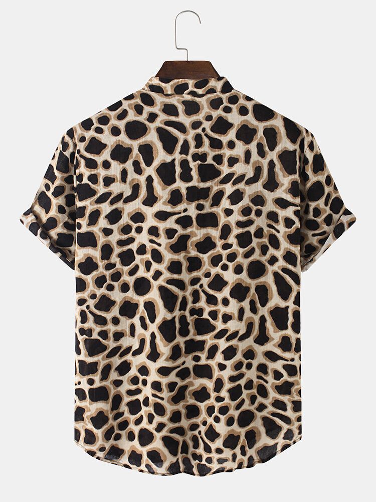 Camisas De Manga Corta Con Cuello Henley Con Estampado De Leopardo Para Hombre