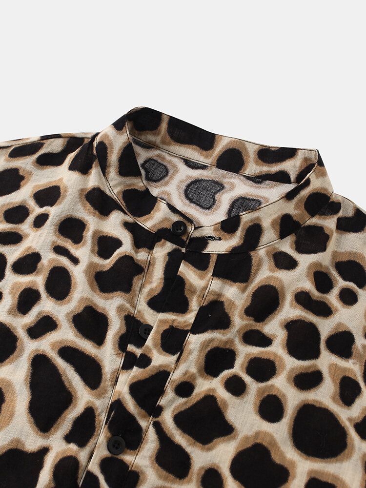 Camisas De Manga Corta Con Cuello Henley Con Estampado De Leopardo Para Hombre