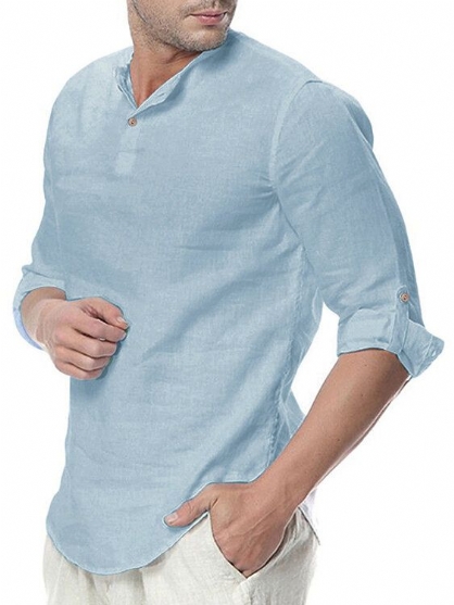 Camiseta De Manga Larga Informal Con Cuello De Botón De Algodón Para Hombre