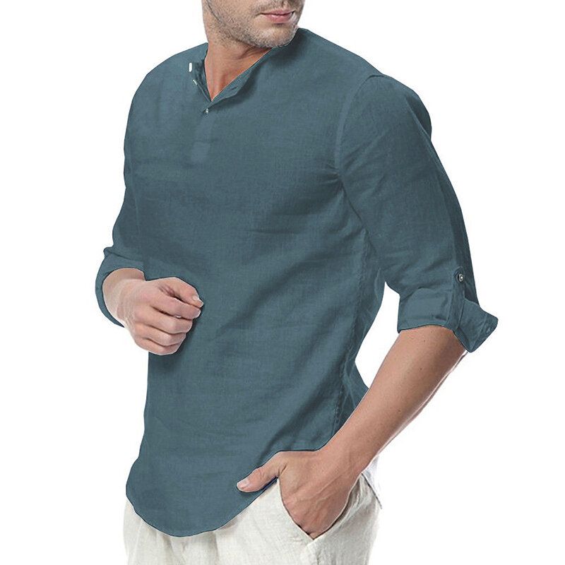 Camiseta De Manga Larga Informal Con Cuello De Botón De Algodón Para Hombre