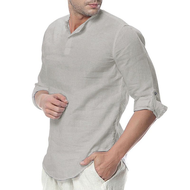 Camiseta De Manga Larga Informal Con Cuello De Botón De Algodón Para Hombre