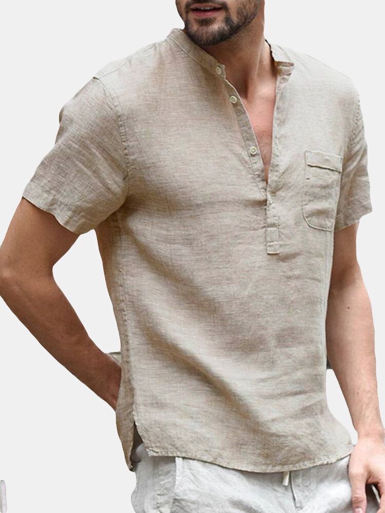 Camisetas Casuales Con Cuello En V Y Botones Para Hombre Camisetas De Manga Corta De Verano Cómodas Sueltas De Color Sólido