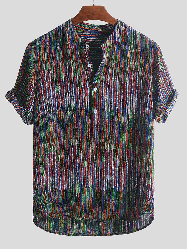 Camisetas Sueltas De Rayas Coloridas Estampadas Estilo Étnico Para Hombre Camisas Henley De Cuello Alto