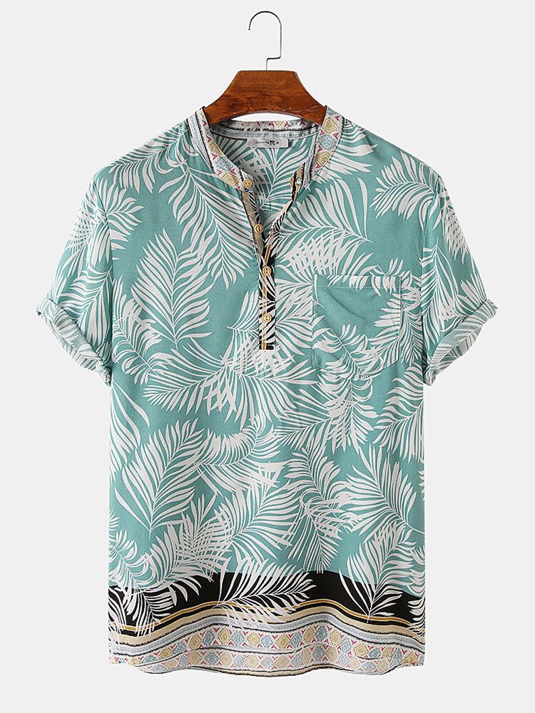 Diseño Hombres Rayón Hoja Tropical Estampado De Borde Étnico Camisas Henley Transpirables