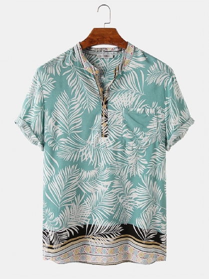 Diseño Hombres Rayón Hoja Tropical Estampado De Borde Étnico Camisas Henley Transpirables