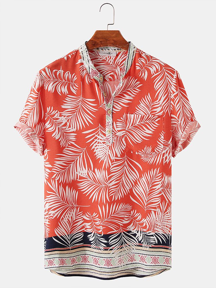 Diseño Hombres Rayón Hoja Tropical Estampado De Borde Étnico Camisas Henley Transpirables