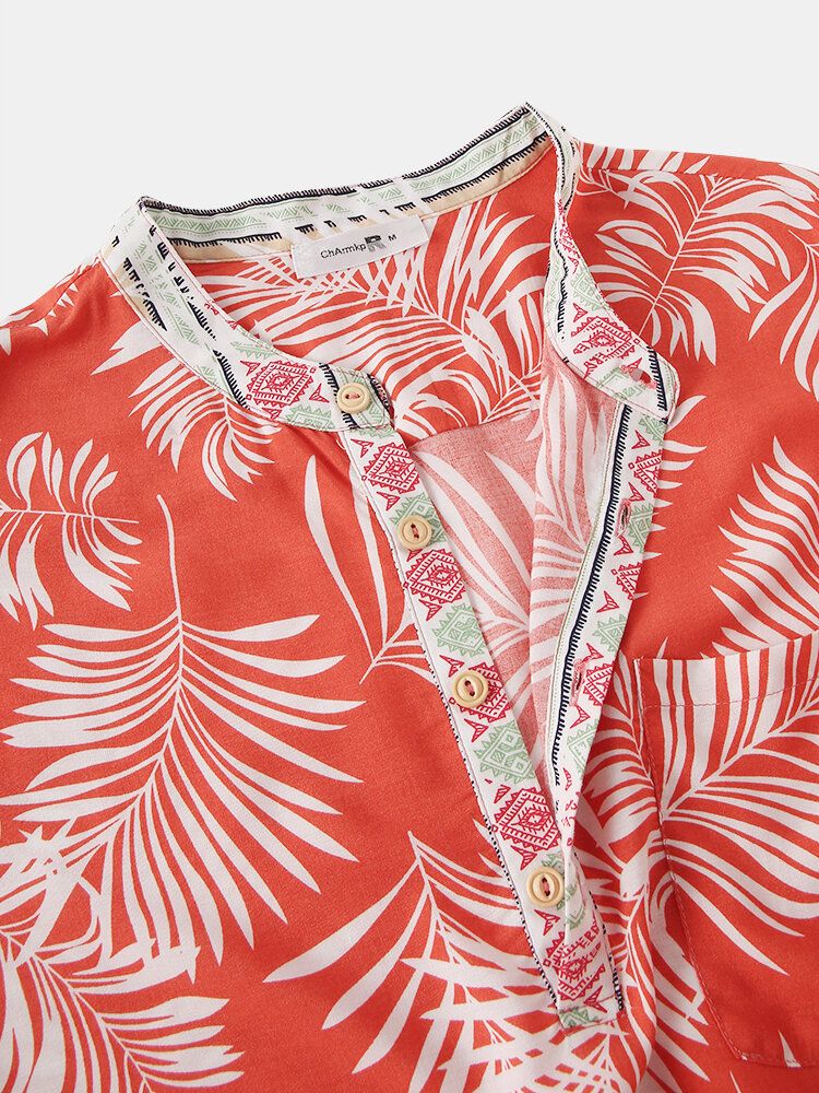 Diseño Hombres Rayón Hoja Tropical Estampado De Borde Étnico Camisas Henley Transpirables