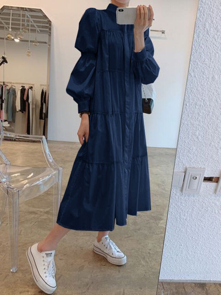 Mujeres Sólido Cuello Alto Con Gradas Pliegues Manga Abullonada Camisa Casual Vestidos Midi