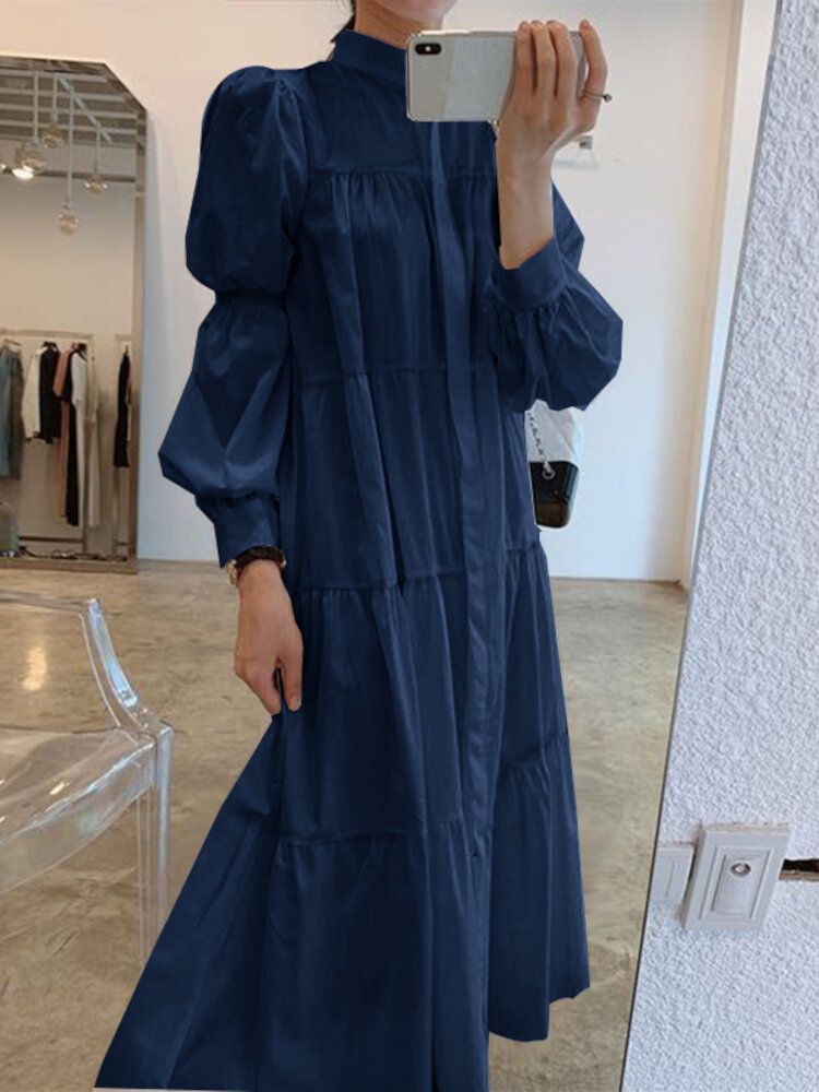 Mujeres Sólido Cuello Alto Con Gradas Pliegues Manga Abullonada Camisa Casual Vestidos Midi