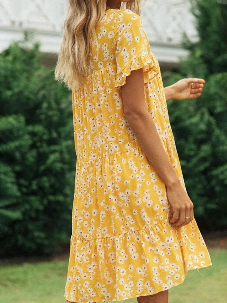 Vestido A Capas De Manga Corta Suelta Informal Con Cuello Redondo Y Estampado De Flores De Margaritas Para Mujer