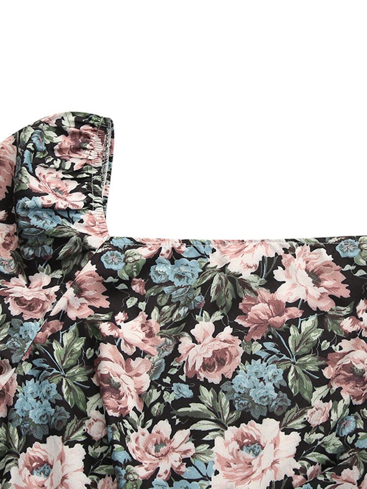 Vestido A Media Pierna Ajustado De Manga Larga Con Cuello Cuadrado Y Estampado Floral Para Mujer