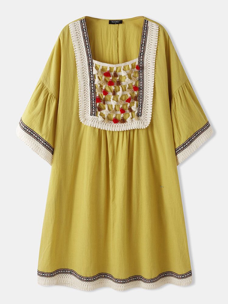 Vestido A Media Pierna Con Cuello Cuadrado Y Diseño De Borlas De Bohemia Para Mujer Con Bolsillo