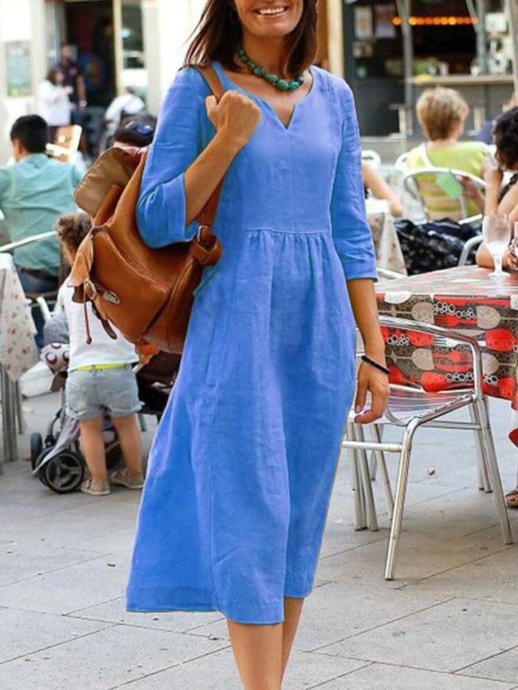 Vestido A Media Pierna Con Cuello En V De Color Liso De Algodón Para Mujer Con 3 4 Mangas Y Corte Informal Simple