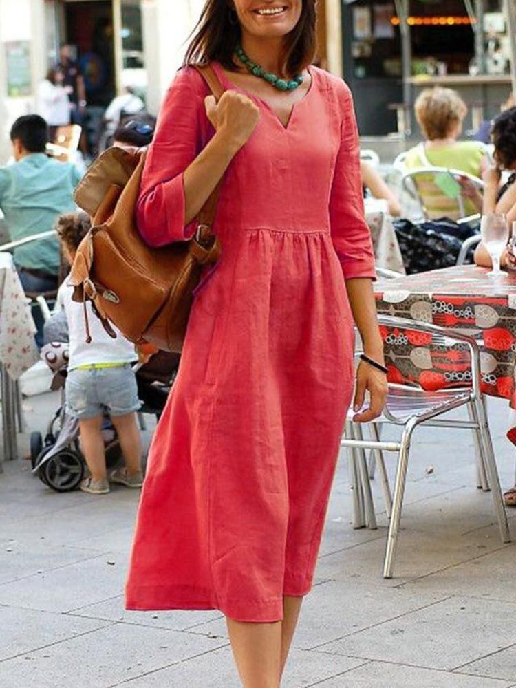 Vestido A Media Pierna Con Cuello En V De Color Liso De Algodón Para Mujer Con 3 4 Mangas Y Corte Informal Simple