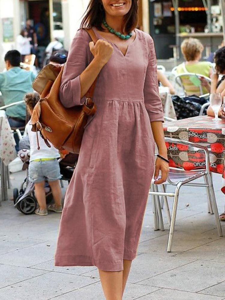 Vestido A Media Pierna Con Cuello En V De Color Liso De Algodón Para Mujer Con 3 4 Mangas Y Corte Informal Simple