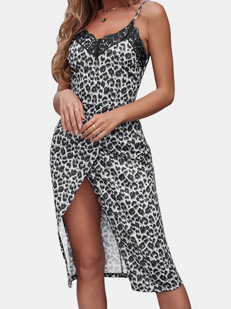 Vestido A Media Pierna Con Estampado De Leopardo Y Encaje Con Hendidura Y Dobladillo Para Mujer