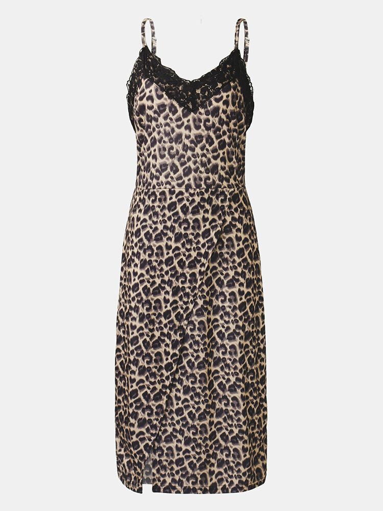 Vestido A Media Pierna Con Estampado De Leopardo Y Encaje Con Hendidura Y Dobladillo Para Mujer