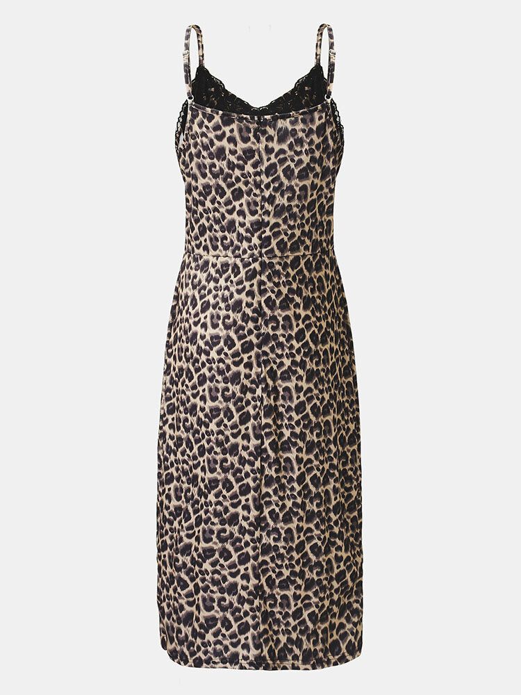 Vestido A Media Pierna Con Estampado De Leopardo Y Encaje Con Hendidura Y Dobladillo Para Mujer