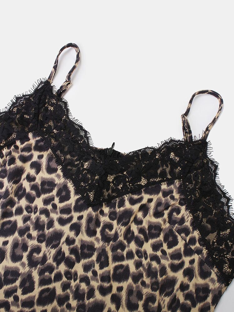 Vestido A Media Pierna Con Estampado De Leopardo Y Encaje Con Hendidura Y Dobladillo Para Mujer