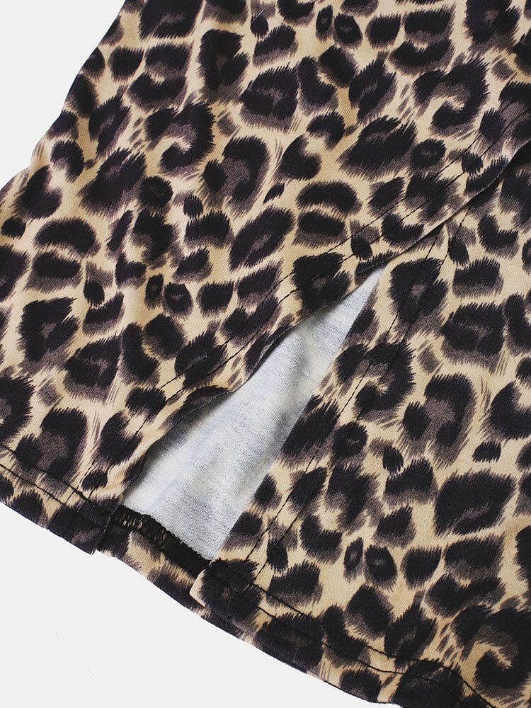 Vestido A Media Pierna Con Estampado De Leopardo Y Encaje Con Hendidura Y Dobladillo Para Mujer