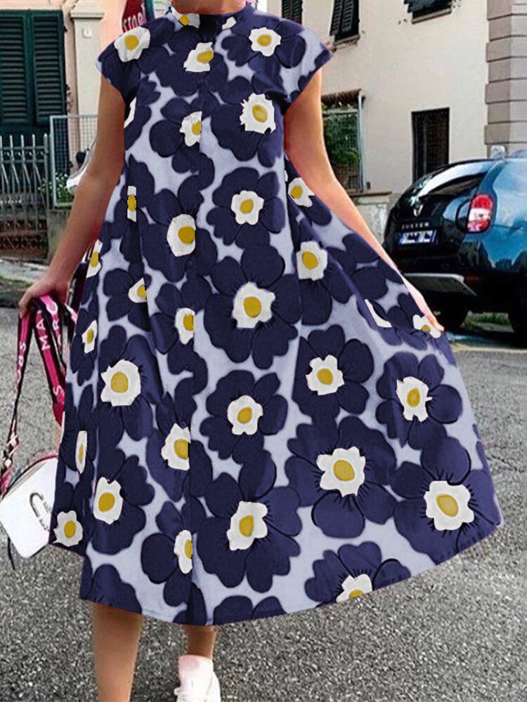 Vestido A Media Pierna Informal De Manga Corta Con Estampado De Flores Y Cuello Alto Para Mujer