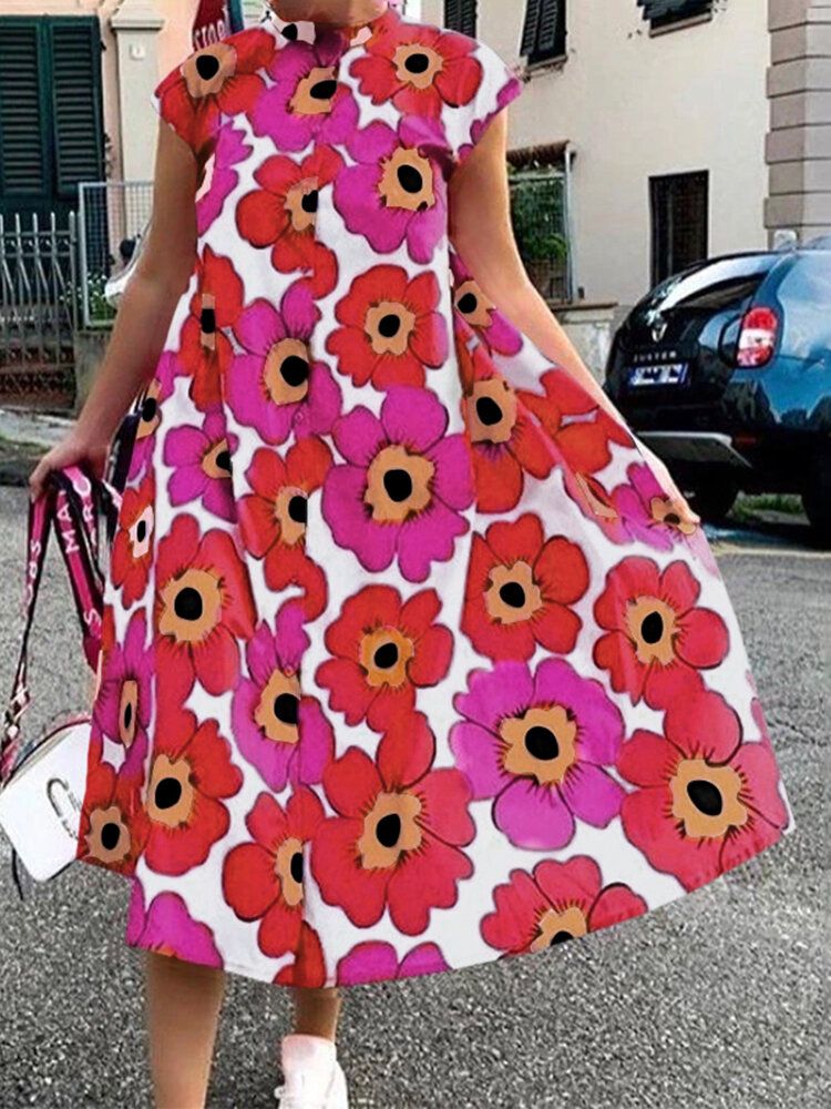 Vestido A Media Pierna Informal De Manga Corta Con Estampado De Flores Y Cuello Alto Para Mujer