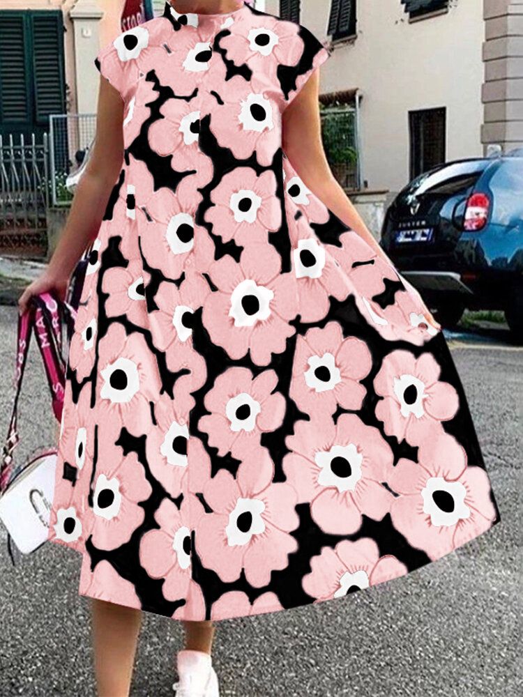 Vestido A Media Pierna Informal De Manga Corta Con Estampado De Flores Y Cuello Alto Para Mujer