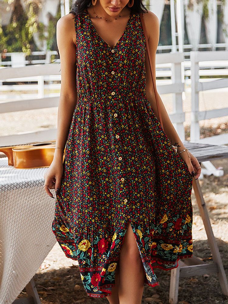 Vestido A Media Pierna De Patchwork Sin Mangas Con Cuello En V Y Estampado Floral De Bohemia