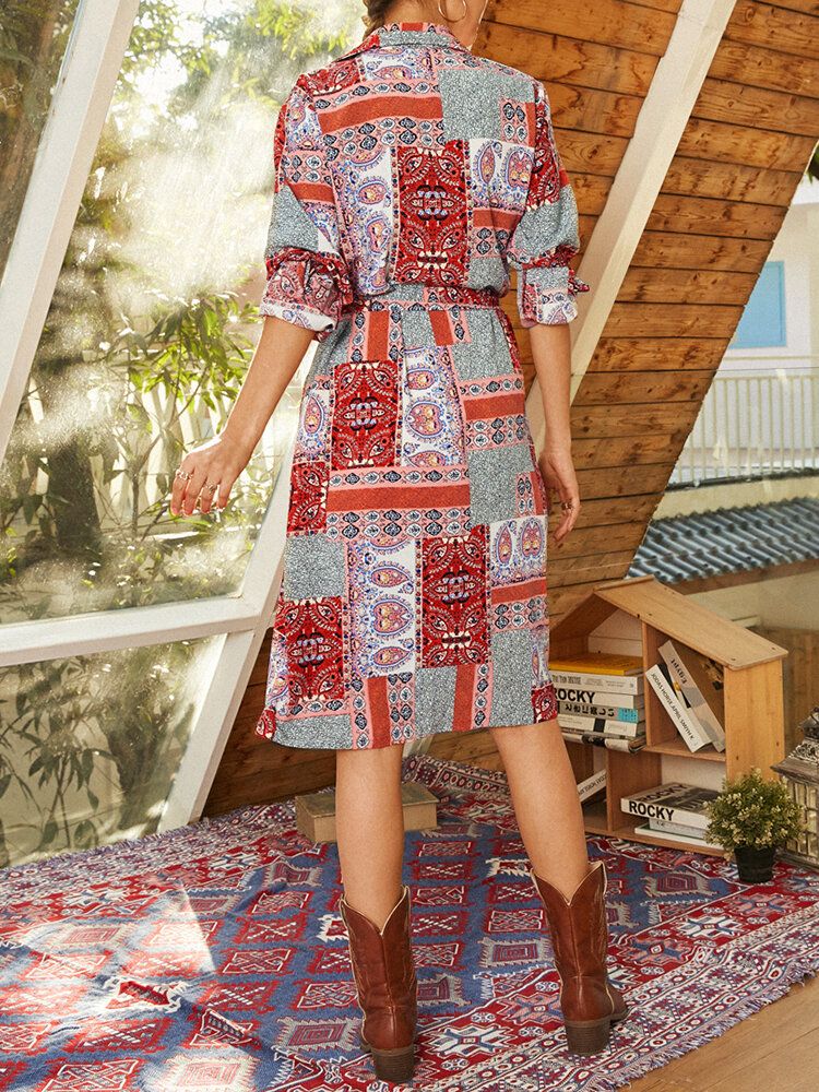 Vestido De Camisa De Manga Larga Con Solapa Y Estampado De Bloques De Color De Estilo Étnico Bohemio Para Mujer