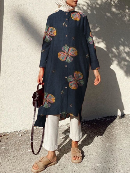 Vestido De Camisa Retro De Manga Larga Con Estampado De Flores De Algodón Para Mujer