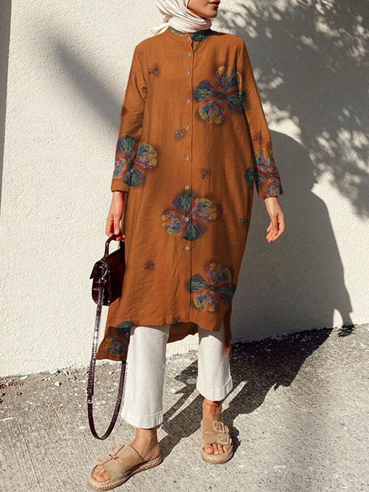 Vestido De Camisa Retro De Manga Larga Con Estampado De Flores De Algodón Para Mujer